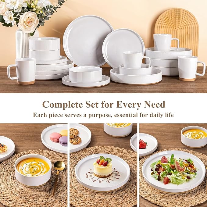 AmorArc Ceramic Dinnerware Set for 6 | Speckled Stoneware Plates and Bowls with Rustic Terracotta Underside| Scratch Resistant,Dishwasher & Microwave Safe Dishes Sets- 18pcs White