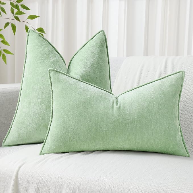 decorUhome Summer Couch Throw Pillow Covers 20x20 Set of 2, Decorative Soft Velvet Modern Cozy Chenille Pillow Cases with Elegant Design for Sofa Bed Living Room Home Decor, Sage Green