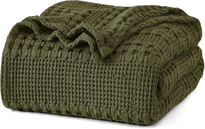 PHF 100% Cotton Waffle Weave Blanket Twin Size for Bed, Soft Lightweight & Breathable for Spring and Summer, All-Season Comfort, Luxury Aesthetic Blanket for Home Decor, 66"x90", Capulet Olive