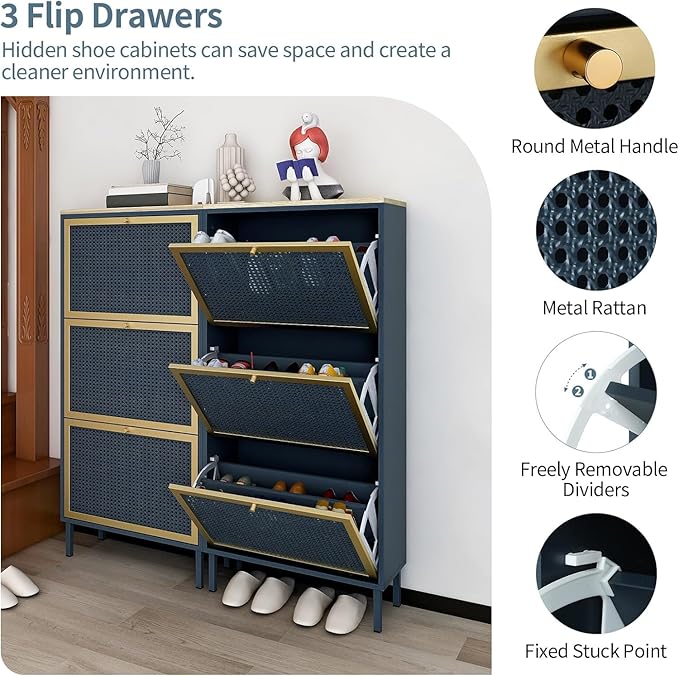 Shoe Storage Cabinet for Entryway - Shoe Cabinet Organizer with Metal Rattan 3 Flip Drawer,Wood Free Standing Rack, Hidden Slim Shoe Cabinet for Hallway, Living Room, Bathroom (Blue)