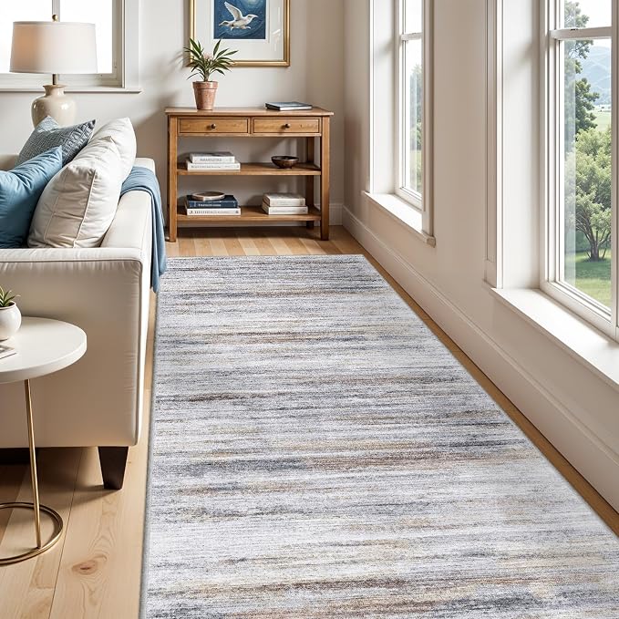 4x8 Wide Washable Runner Rug: Easy-to-Clean Runners for Hallway Entryway Kitchen Bedroom Living Room - Stain and Water Resistant Rugs with Non-Slip Backing - Soft Low-Pile Carpet Beige Grey