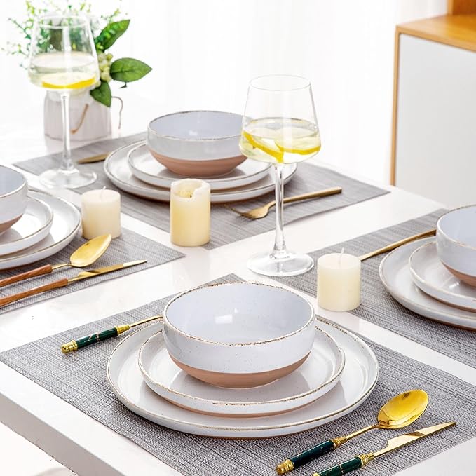 AmorArc Ceramic Dinnerware Sets for 4, 12 Pieces Handpainted Plates and Bowls Set with Rustic Terracotta Underside, Scratch Resistant Stoneware Dishes Set, Dishwasher & Microwave Safe, White