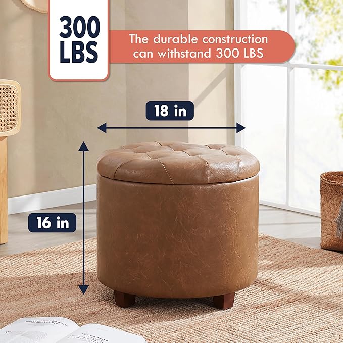 Ornavo Home Decor Round Ottoman with Storage, Round Vanity Chair Stool Ottoman Pouf with Storage for Living Room and Bedroom, Faux Leather Mocha
