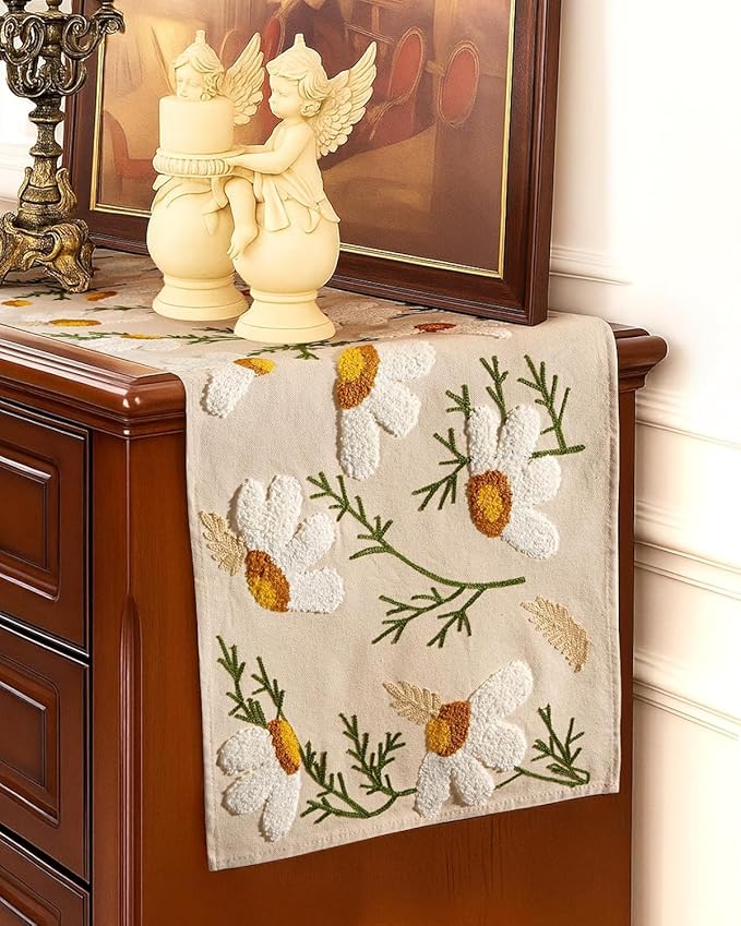 Canvas Embroidered Table Runner - 13"x 108" Coffee Table Runner for Living Room Boho Tablerunner for Dining Room Washable Neutral Kitchen Island Counter Decor Housewarming Gift, Beige Daisy