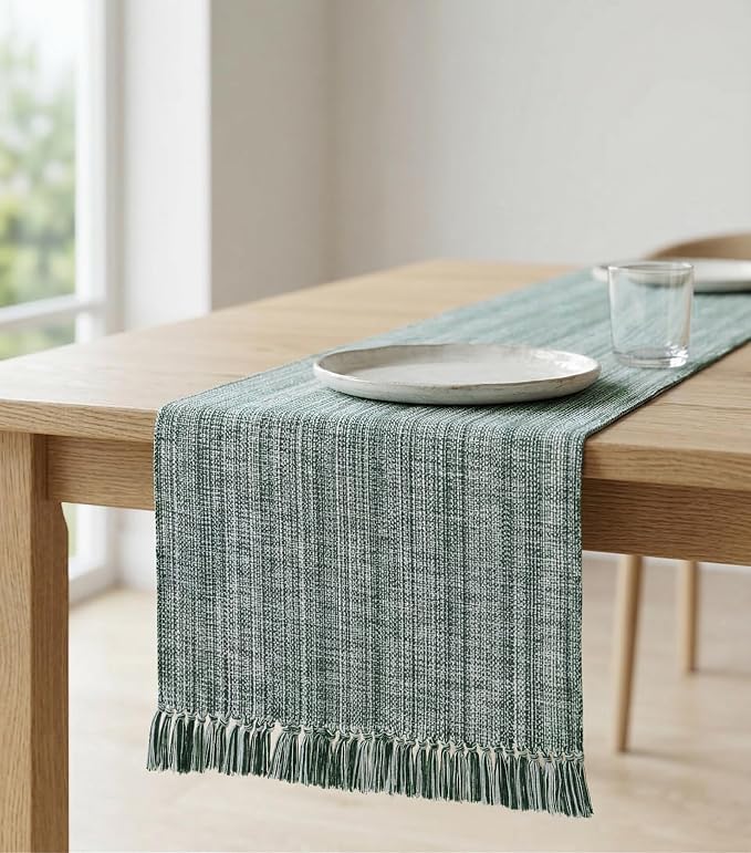 PurpleEssences Chambray Table Runner with Fringes - 100% Cotton, 13x72 Inch - Rustic Farmhouse Table Décor, Reusable, Machine Washable for Dining Tables - Spring Easter Summer - Forest Green & H.White