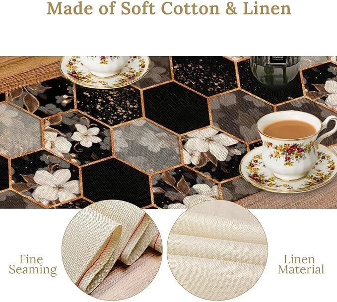 Geometric Marble Table Runner, Black Gold Hexagon White Flower Bloom Accent Table Runner for Kitchen Dining Party Wedding Decor, 13x90 Inch
