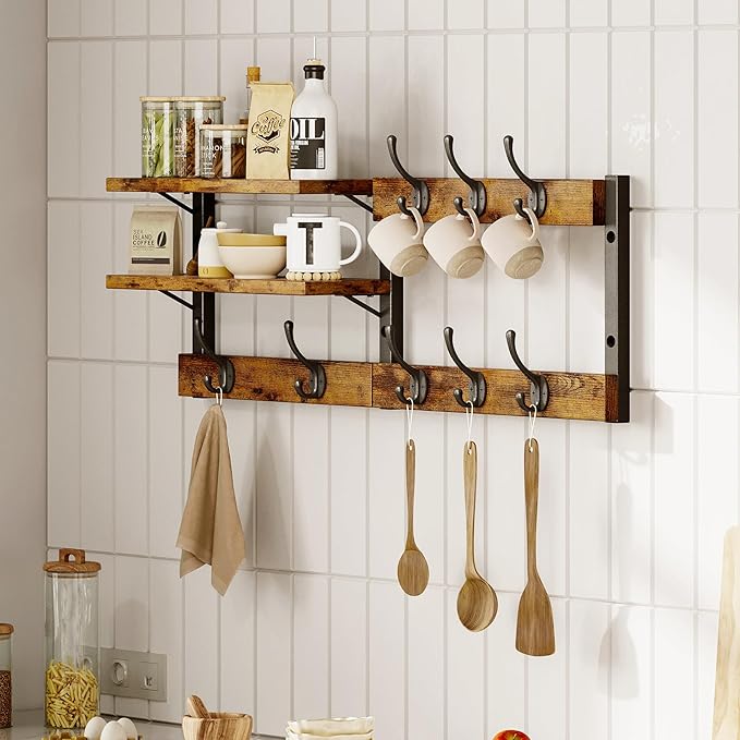 Homeiju 28.7" Coat Rack Wall Mount with Shelf, Key Hooks for Wall with Shelf, Coat Hooks Wall Mounted with 8 Heavy Duty Double Hooks for Bedroom,Living Room, Rustic Brown (8 Hooks)