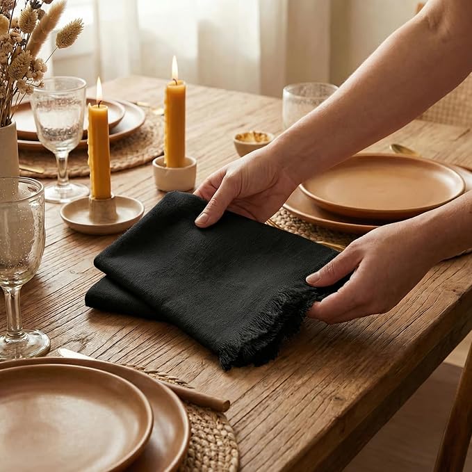 ACCENTHOME Black Cotton Linen Napkin Set of 12 18x18 inch Dinner Napkins - Washable Soft Premium Hotel Quality Reusable Hemmed Edges Napkins Perfect Table Linens for Family Dinners, Weddings