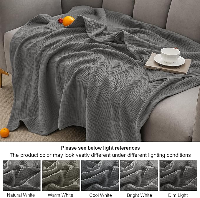 PHF 100% Cotton Muslin Blanket Queen Size 90"x90", 4-Layer Lightweight Gauze Throw, Breathable Cloud-Soft Minimalist Blanket for Bed, Couch, Camping, Greyish Black/Charcoal, Ideal Gift