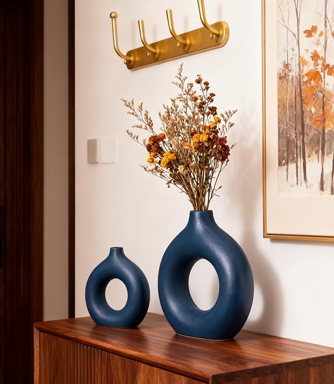 Ceramic Donut Vase Set of 2 Home Decor Modern Farmhouse Style Living Room Ornament Dining Table Room Pottery Purple Small Vases for Dried Flowers