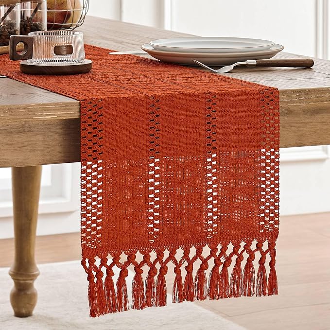 ZeeMart Macrame Style Boho Table Runner, Burnt Ochre Fall Table Runners 90 Inches Long, Farmhouse Woven Home Decor, 12x90 Inch, Dark Orange
