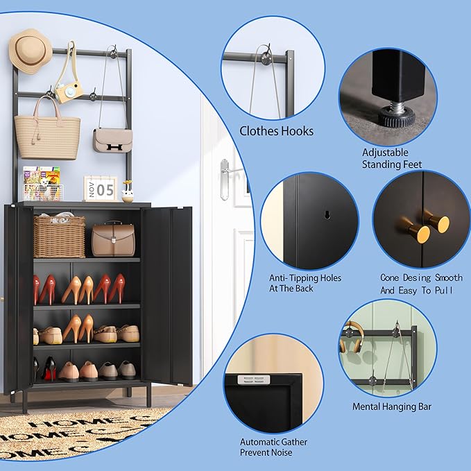2in1 Hall Tree Shoe Cabinet for Entryway, Hallway, and Living Room,Metal Shoe Coat Rack Cabinet with 3 Adjustable Shelf,Shoe Storage Organizer with Hanging Bar & Hooks (Cabinet With Coat Rack, black)