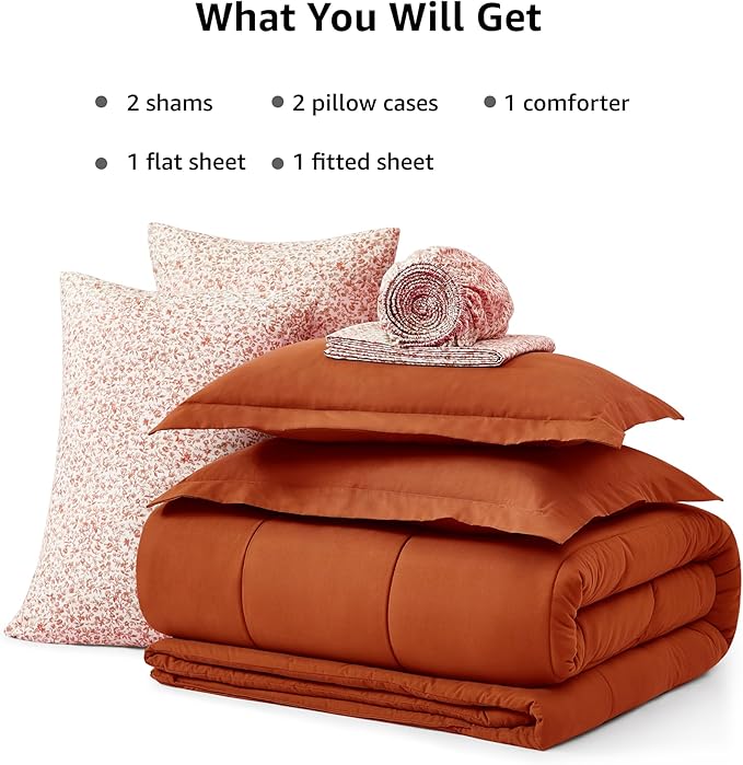 Monbix King Size Comforter Set - 7 Pieces Bed in a Bag King, Burnt Orange Track Stitching Bedding Sets, All Seasons Comforter Bed Set with Sheets