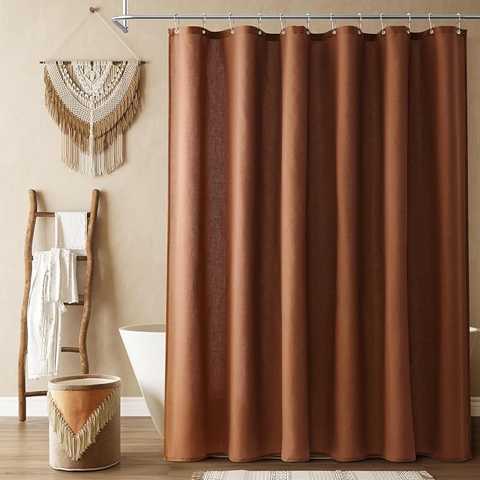 Naturoom Rustic Brown Linen Shower Curtain, Country Boho Farmhouse Bath Decor Shower Curtains Neutral Cloth Weighted Textured Fabric Bath Curtain Liner with Hooks, 72x84