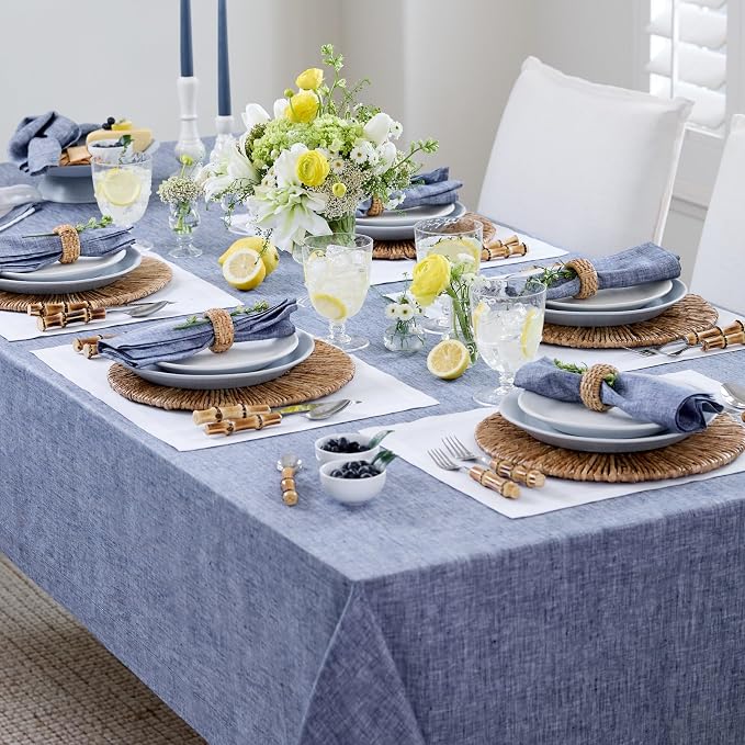 Solino Home Linen Tablecloth 60 x 144 Inch - 100% Pure Linen Chambray Indigo Table Cloth for Rectangle Tables - Athena, Machine Washable Tablecloth for Summer