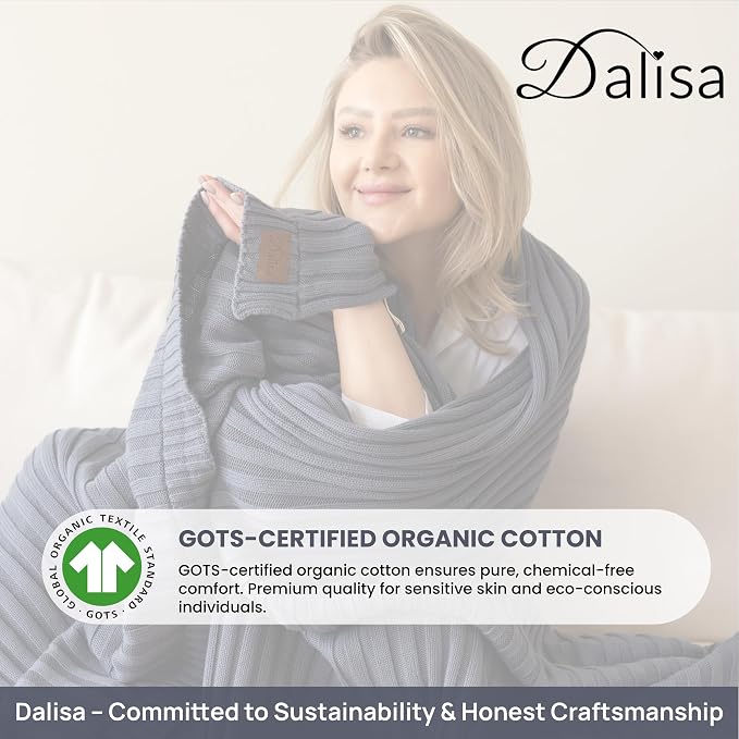 100% Organic Cotton Knit Blanket Denise 80x90 Inches Smoke Blue -Soft and Lightweight, Breathable All-Season Throw for Bed, Sofa, or Lounge Area - GOTS Certified-Perfect for Home and Bedroom Styling