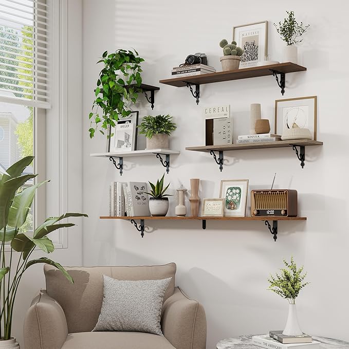RICHFOCUS Floating Shelves for Wall Decor, 31.5W x 8D Shelves Set of 2, 8" Deep Rustic Wood Floating Shelves Wall Mounted with Metal Brackets, Shelves for Living Room Bedroom Kitchen, White