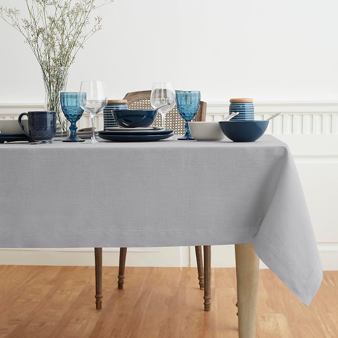 Solino Home Soft Grey Linen Tablecloth 60 x 108 Inch - 100% Pure Linen Table Cloth for Rectangle Tables - Fete, Machine Washable Tablecloth for Summer