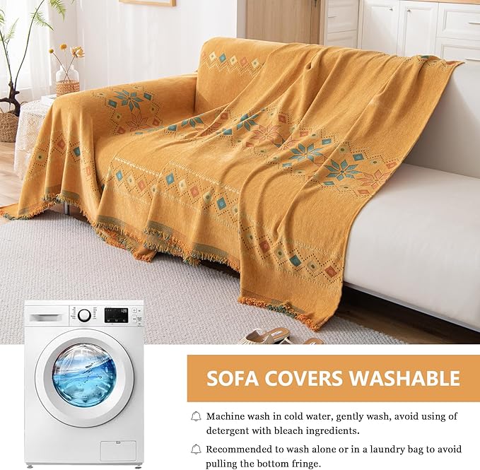 DREAMINGO Orange Boho Sofa Cover Chenille Couch Cover Blanket Vintage Bohemian Sofa Covers for 2 Cushion Couch Geometric Jacquard Sectional Couch Covers for Dogs Washable Loveseat Slipcover 71"x118"