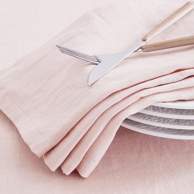 Linen Tablecloth 100% Pure Linen Table Cloth for Rectangle Tables Machine Washable Dining Fall Tablecloth with 4PCS 20"x 20" Linen Napkins(Light Pink, 60x84)