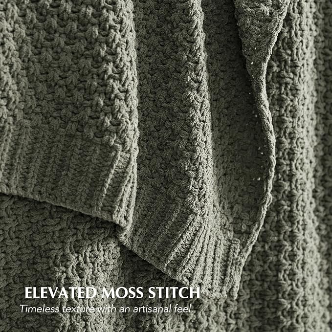 EVERGRACEHOME Chunky Chenille Knit Throw Blanket for Couch, Soft Luxurious Moss Stitch Blankets for Bed, Cozy Decorative Farmhouse Knitted Throws for Sofa, Dried Thyme Green, 60" x 80"
