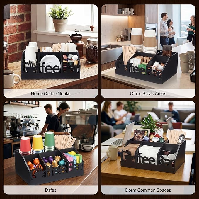 Coffee Station Organizer for Counter Wood Countertop Accessories Organizer Coffee Pods Holder Storage Basket for Pods Condiment Syrup Tea Cups Stirrers for Rustic Bar Decoration (Black)
