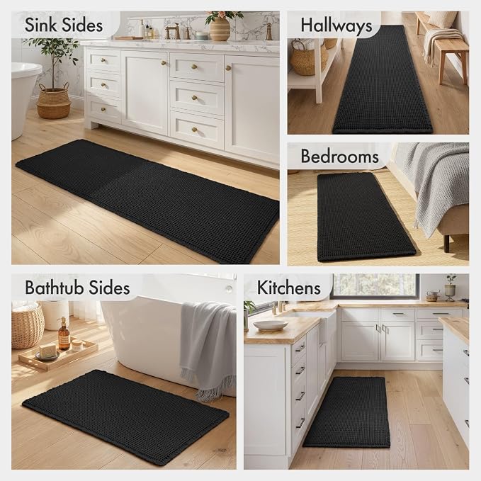 MIULEE Waffle Bathroom Runner Rugs, Super Absorbent Non Slip Bath Rug, Upgraded Soft Quick Dry Washable Boho Long Bath Mat with Tassels for Hallway Laundry Room Bedroom, 2'x4' (24"x48"), Black