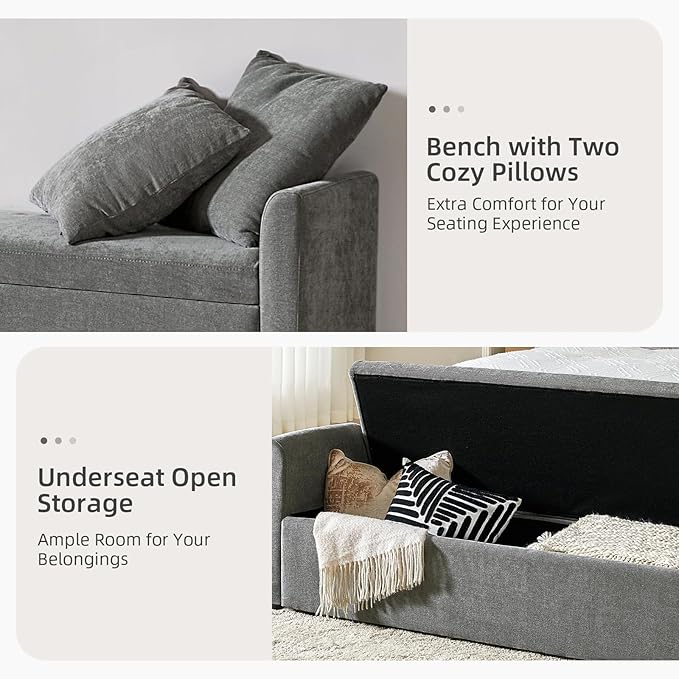 EcoHarbor Storage Ottoman Bench with Pillows, 59.4" End of Bed Bedroom Bench with Arms, Footrest Stool for Living, Dining Room, Entryway and Hallway, Charcoal