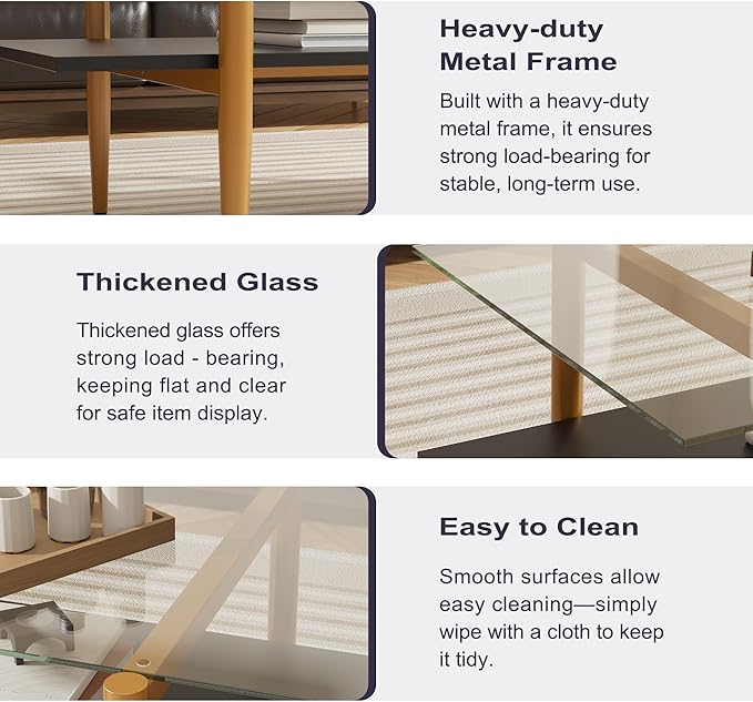 Furnify Glass Coffee Table, Rectangle Living Room Center Table with Golden Legs, Mid-Century Modern Accent Tables with Open Shelf for Living Room, Office, Black