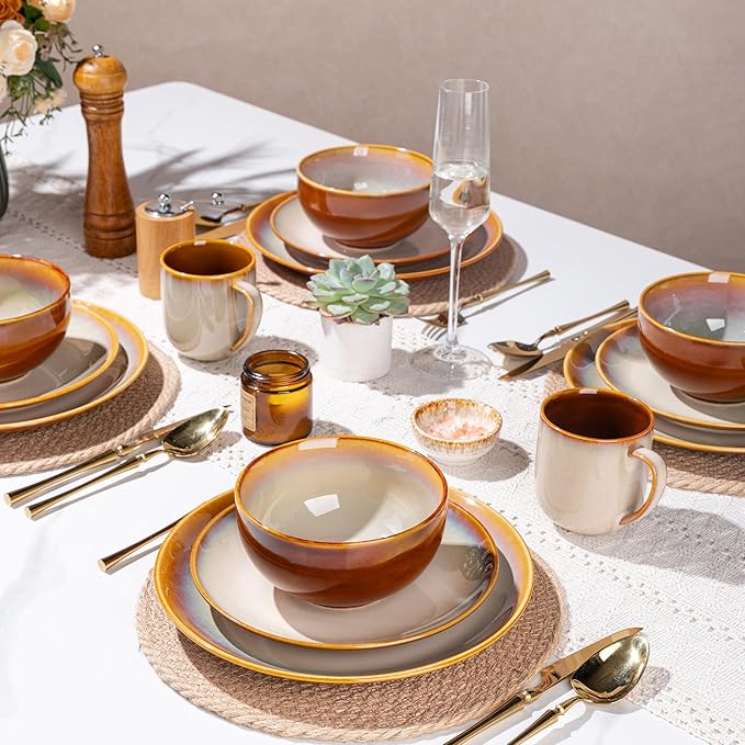LERATIO Ceramic Dinnerware Sets for 4, Coupe Plates and Bowls Sets,Highly Chip and Crack Resistant | Dishwasher & Microwave & Oven Safe Dishes set,Reactive Glaze Dinnerware- Service for 4（12pcs）