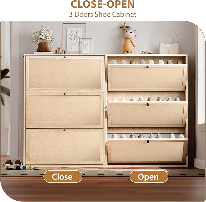 Shoe Cabinet Storage with 3 Flip Drawer for Entryway, 31.5 Inch Farmhouse Slim Narrow Wood Storage Cabinet for Shoes, Freestanding Shoe Organizer for Living Room, Aparment (Natural)