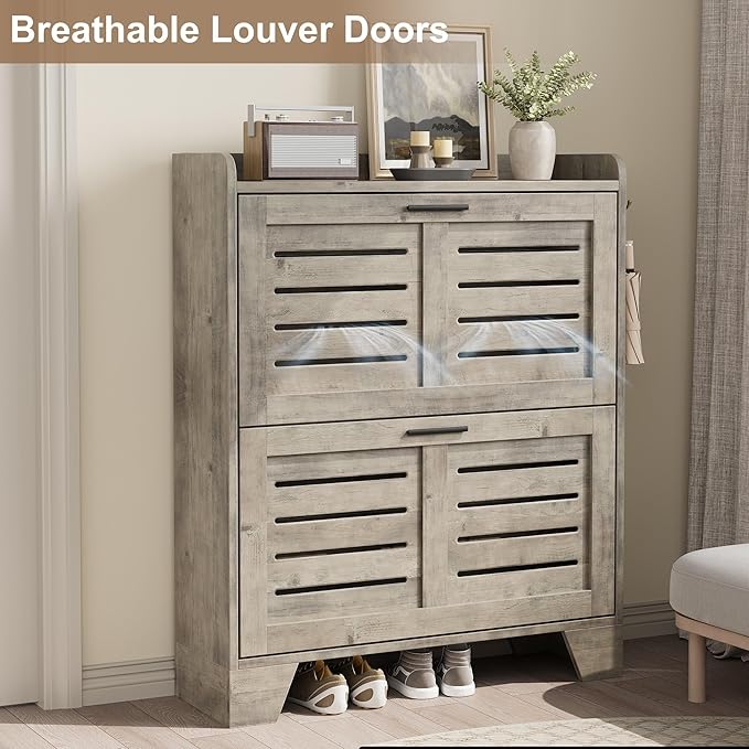 Garvee Shoe Storage Cabinet with 2 Flip Drawers, Freestanding Shoe Organizer Storage for Entryway with 2 Side Hooks, Farmhouse Hidden Slim Narrow Shoe Rack Cabinet, Gray