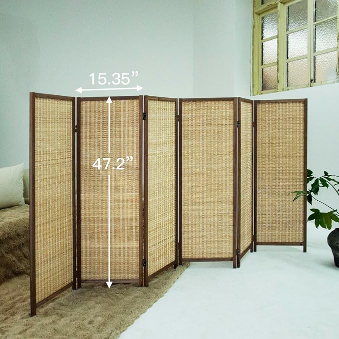 6 Panel Short Room Divider – 3.9 ft Tall Double-Side Folding Privacy Screen, Natural Brown Bamboo Partition Wall for Home Office, Living Room & Corner Spaces