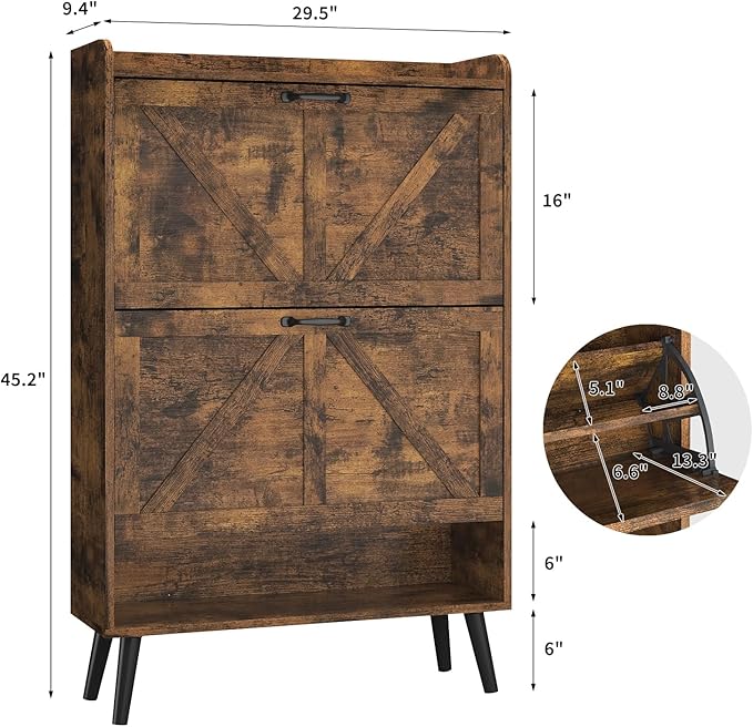 Shoe Cabinet Storage with 2 Flip Drawers, Hidden Shoe Cabinet for Entryway Slim, Farmhouse Shoe Organizer with Wood Legs, Narrow Shoe Rack Cabinet, Rustic Brown