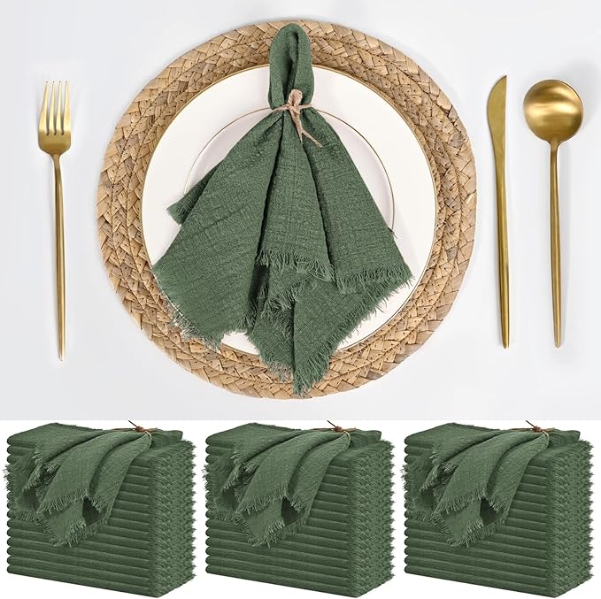 50 Pack Olive Green Napkins Cotton Linen Napkins Bulk 16 x 16 Inch Green Cloth Napkin with Fringe Rustic Handmade Washable Dinner Napkin Cloth for Wedding Party Bridal Shower