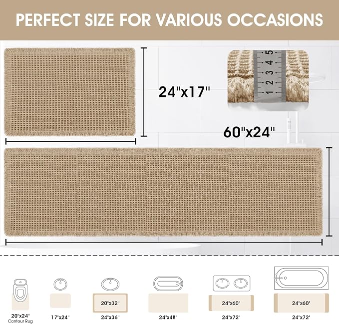 Upgraded Waffle Bath Mat Set 2 Piece Beige, Super Absorbent Non-Slip Quick Dry Bathroom Rugs with Tassels, Machine Washable Ultra Soft Boho Bath Rugs for Floor, Toilet Mats Boho Farmhouse Decor