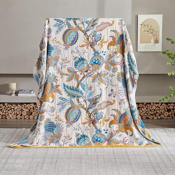 Boho Throw Blanket for Bed 100% Cotton Bohemian Blankets Ultra Soft Woven Muslin Decorative Blankets All Seasons Vintage Quilt Knitted Blanket for Sofa Chair(Beige, 60"x80")