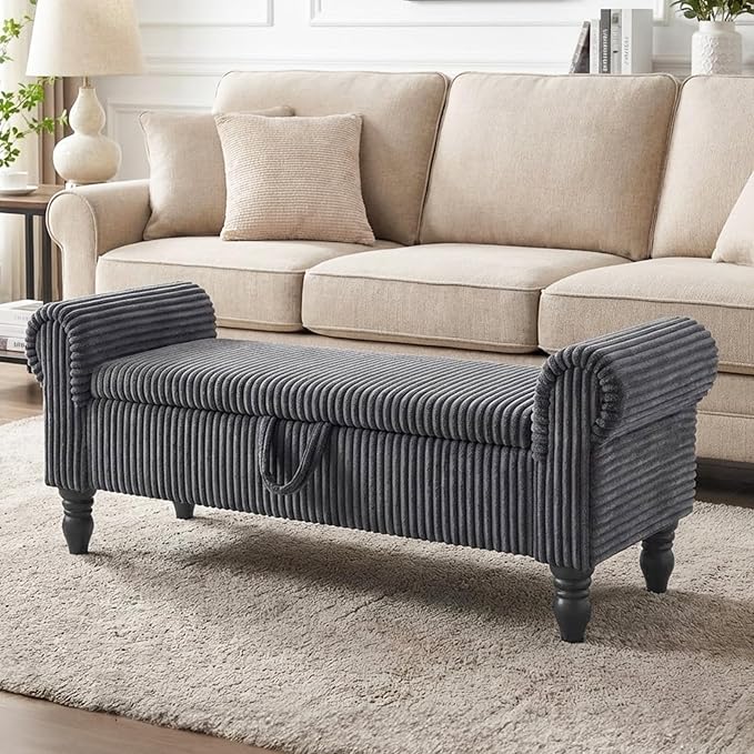 Storage Bench for Bedroom, Ottoman with Storage, Upholstered Ottomans Benches with Rolled Arm for Bedroom End of Bed, Living Room, Entryway (Gray)