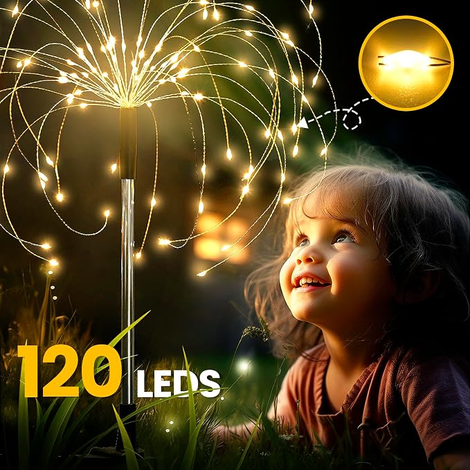 GIGALUMI Garden Decor Outdoor Lights 120LED 6Pack, Solar Garden Lights Outside Fairy Firework Decorative,Solar Powered for Yard Pathway Flowerbed Planter Balcony Patio 4th of July Decor (Warm White