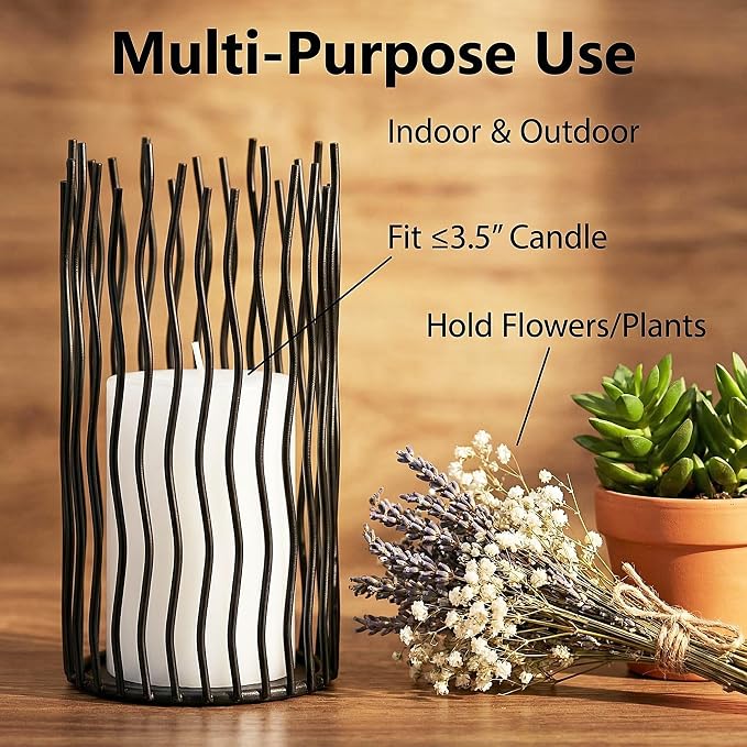 8 & 10inches Height Versatile Farmhouse Black Metal Iron Wire Willow Candle Holders with Led Waterproof Candles, Cage Candlestick Holders for Pillar Candle & Plants, Home Décor (Black)