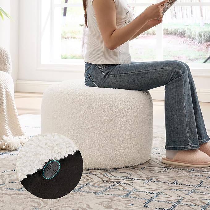 Flouki Pouf Ottoman Footrest, Foot Stools, Modern Round Upholstered Ottomans, Ottomans Pouffe, for Living Room, Bedroom, Entryway, Dorm, Selected Sherpa Fabric, White