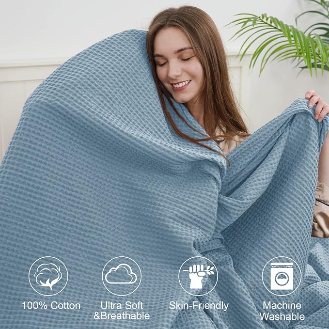 PHF Pre-Washed 100% Cotton Waffle Weave Blanket King Size for Bed,Snag Proof Throw Blanket for Couch Spring Summer Lightweight Breathable,Machine Washable, Home Decor Gift - Dusty Blue
