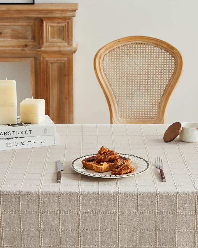 ZeeMart Linen Checked Table Cloth 60x60 Inches, Farmhouse Style Plaid Embroidered Water Resistant Square Table Cover, Beige