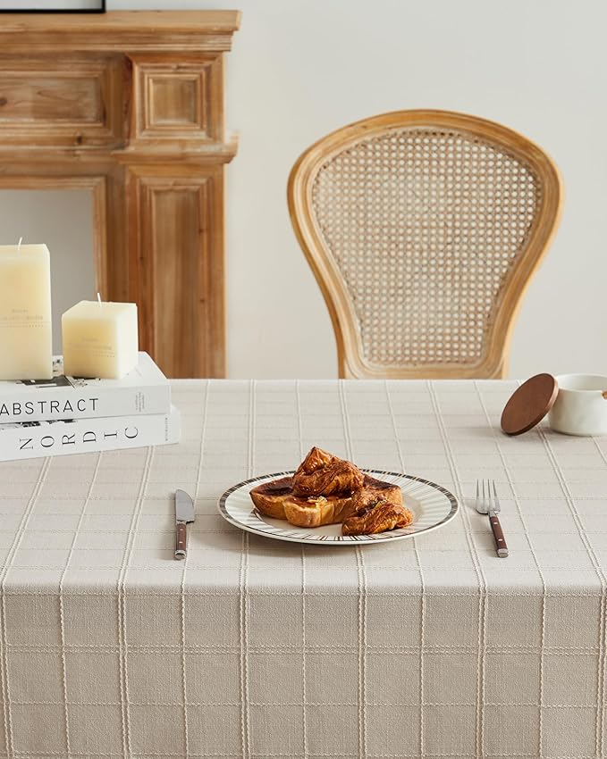 ZeeMart Linen Checked Table Cloth 60 Inches Round, Farmhouse Style Plaid Embroidered Water Resistant Table Cover, Beige