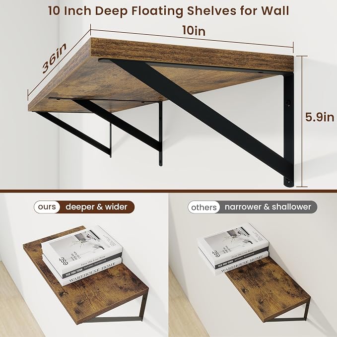 Axeman Deep Floating Shelves | 36 Inch Brown Wall Shelves Set of 2 | 10 Inch Deep Wood Floating Shelves for Wall | 36" W x 10" D Rustic Brown Shelves for Living Room Bathroom Kitchen