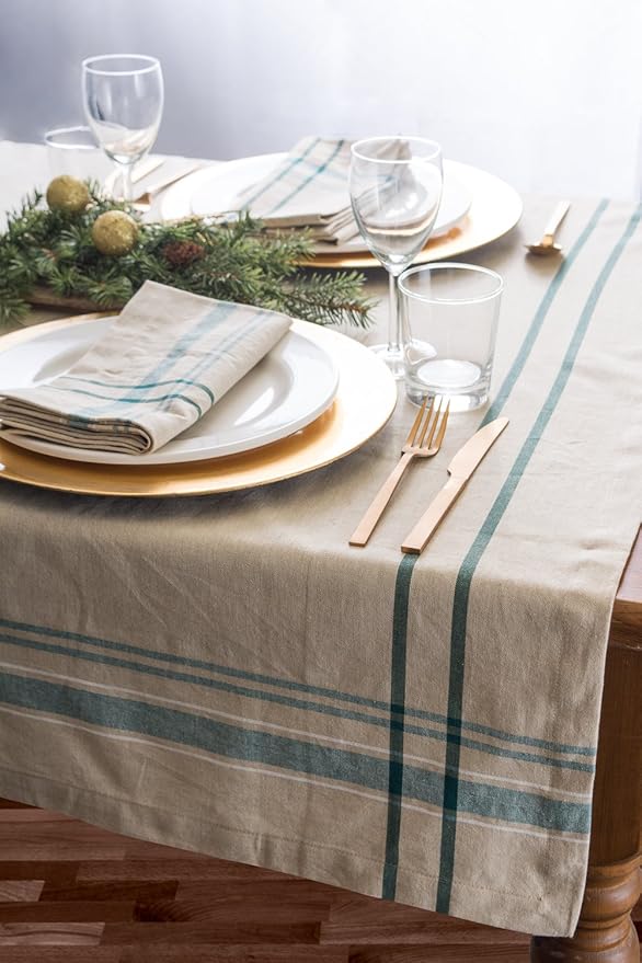 DII French Stripe Tabletop Collection Farmhouse Style Dining Table Linen Tablecloth, 60x84, Taupe/Teal