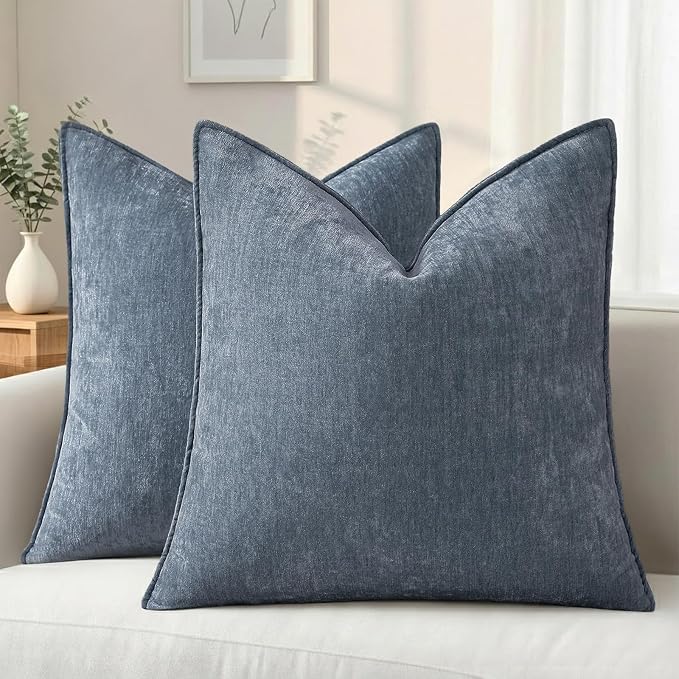 decorUhome Summer Couch Throw Pillow Covers 20x20 Set of 2, Decorative Soft Velvet Modern Cozy Chenille Pillow Cases with Elegant Design for Sofa Bed Living Room Home Decor, Haze Blue