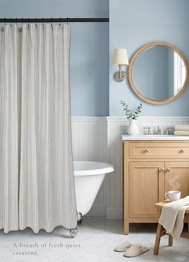 Farmhouse Striped Shower Curtain - 72x84 Inches, Linen Blend Fabric, Breathable & Machine Washable, Rustic Dusty Blue for Bathroom Decor (Hooks/Liner Not Included)