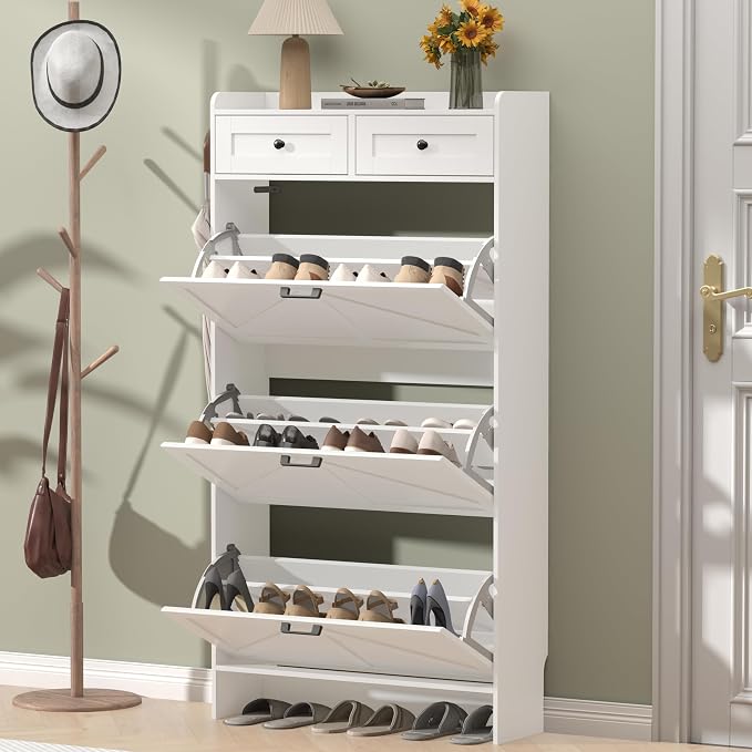 Thacuok Shoe Cabinet with 3 Flip Drawers & 2 Storage Drawers, Rustic Farmhouse Narrow Shoe Organizer Cabinet, Slim Shoe Rack Cabinet, Shoe Storage Cabinet for Entryway, Hallway, Front Door