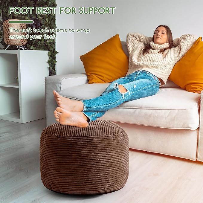 HIGOGOGO Round Stuffed Pouf Ottoman, Corduroy Poufs with Foam Chunk Filling, Furry and Fluffy Pouf Foot Stool Storage Ottoman, 20 X 15 Floor Poufs Foot Rest for Living Room, Brown